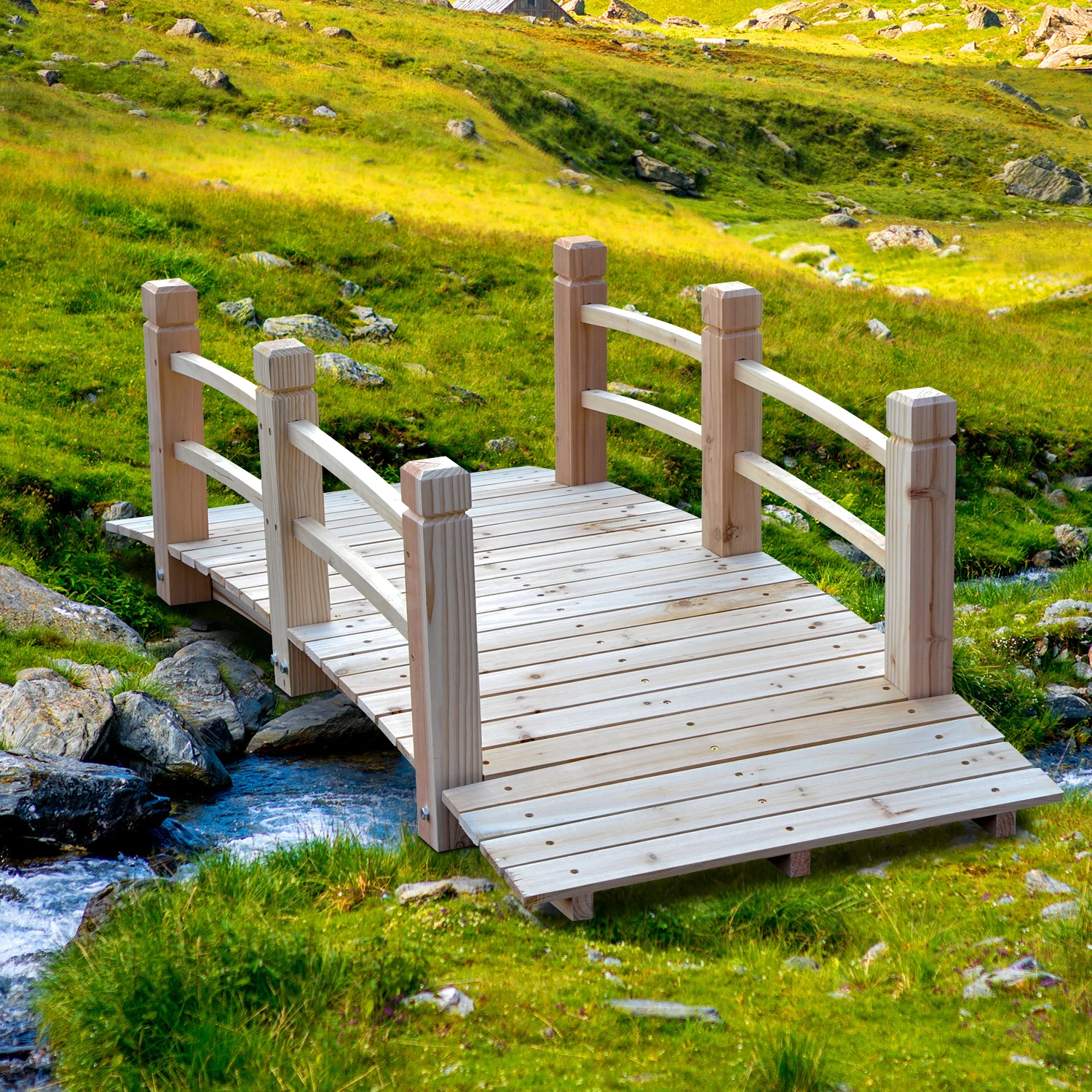 Passerelle de jardin en bois massif résistante aux intempéries avec double main courante, allée décorative extérieure, fournitures de jardinage, accessoires de jardin, pont en bois rustique pour la