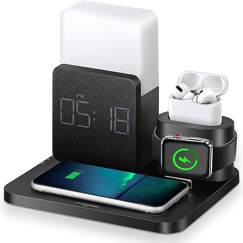 6-in-1 Wireless Charging Station, Fast Charger for iPhone, Apple Watch AirPods, Digital Alarm Clock with 3-Level Dimmable Night Light Touch Control, Bedside Charging Dock for Nightstand Office