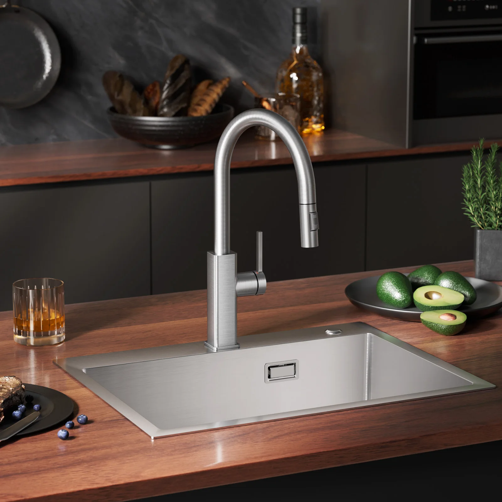 Küchenarmatur Gebürstet, Schirm Herausziehbar Wasserhahn Küche 360° Drehbar, 2 Strahlarten Kalt Warmwasser Edelstahl 304, G3/8 DVGW Einhandmischer, Spültischarmatur Einfache Montage