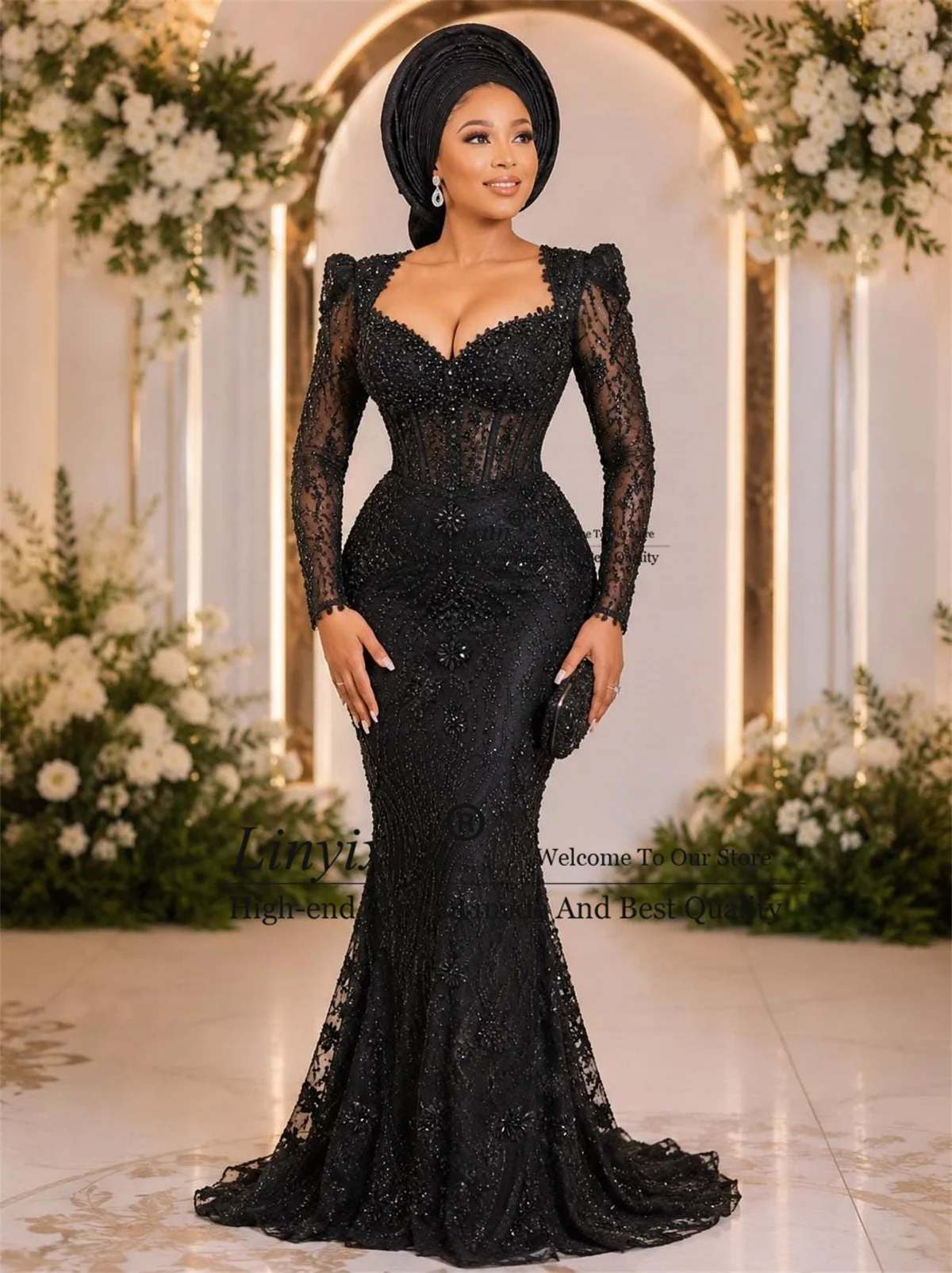 Luxury Diamond Lace Mermaid Prom Dresses Customized Full Sleeves Evening Party Gown Aso Ebi African LongWomen robes de soirée