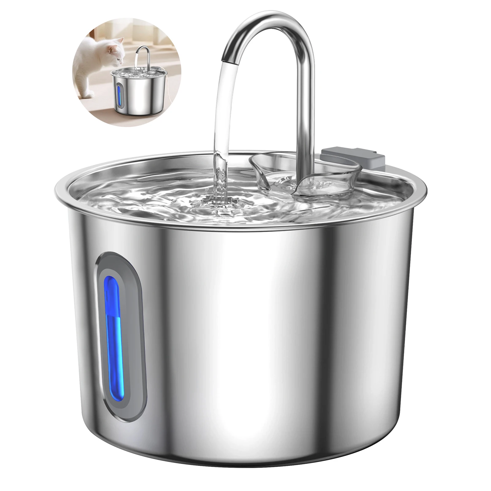 2,2L Edelstahl Haustier-Wasserspender Automatischer Katzenbrunnen Hunde-Wasserspender Trinknapf mit Sichtfenster & Ultra-Leise Funktion