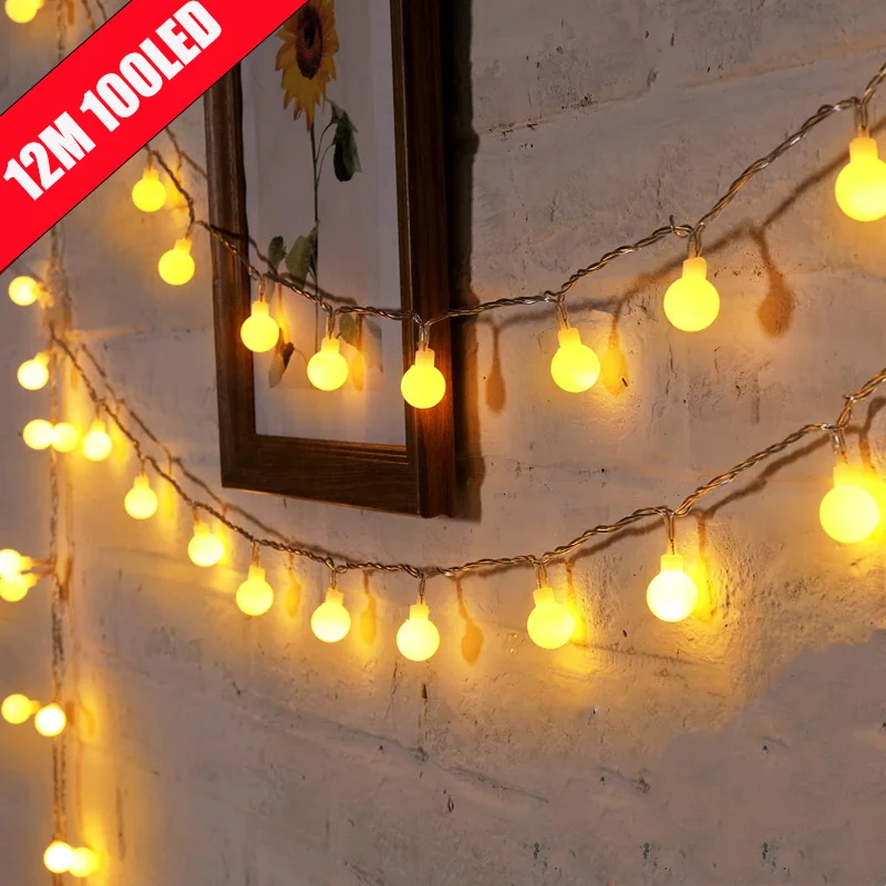 12M USB/Batteriebetriebene Lichterkette, Kugel-Lichterkette, wasserdichte Außenlampe, Hochzeit, Garten, Kugel-Lichterkette, Weihnachtsdekoration