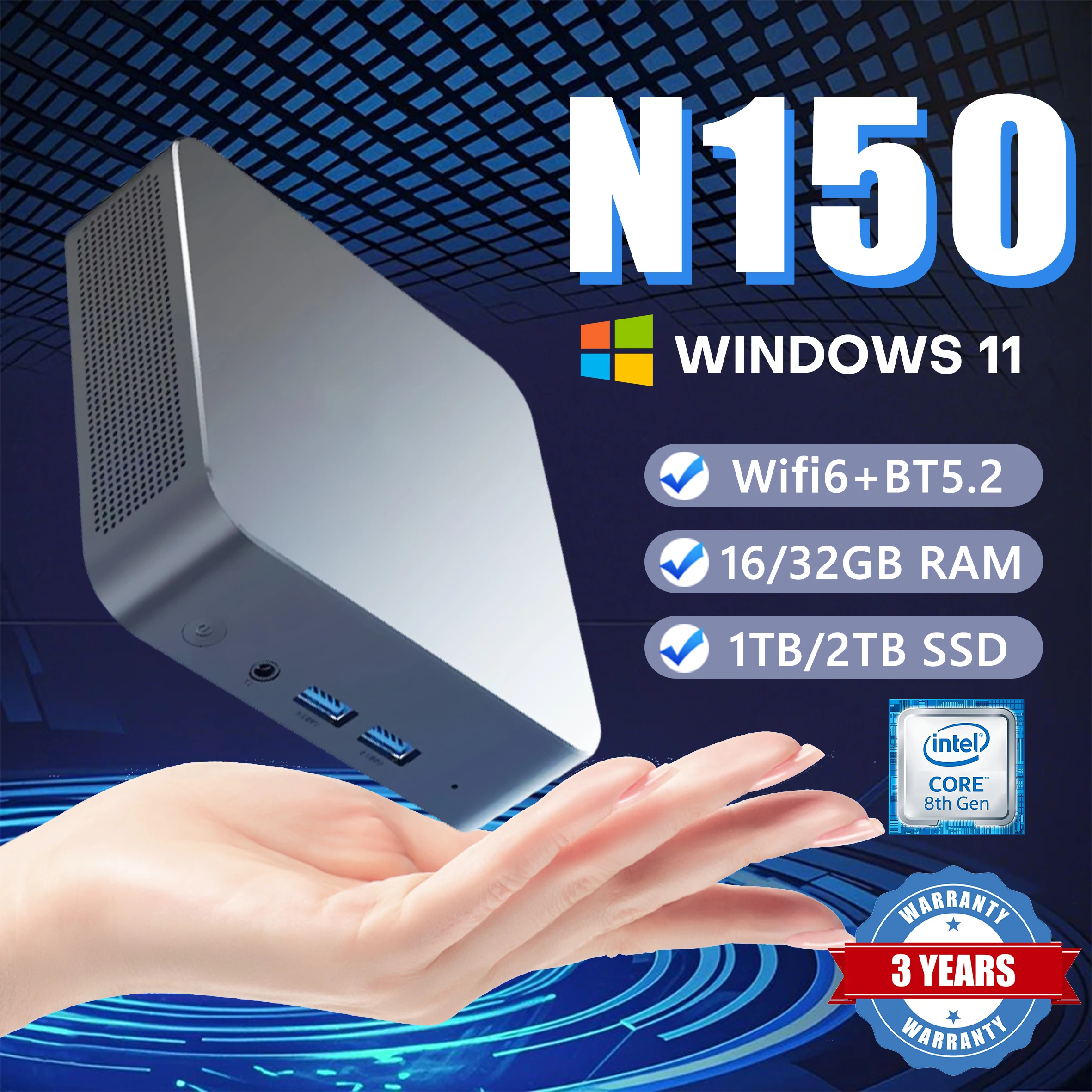 Intel N150 Mini-PC Tragbarer Gaming-Computer 16/32GB RAM 1/2TB SSD Gamer Dual WIFI6 BT5.2 4K HD 1000Mbps Mini-Gamer-Computer