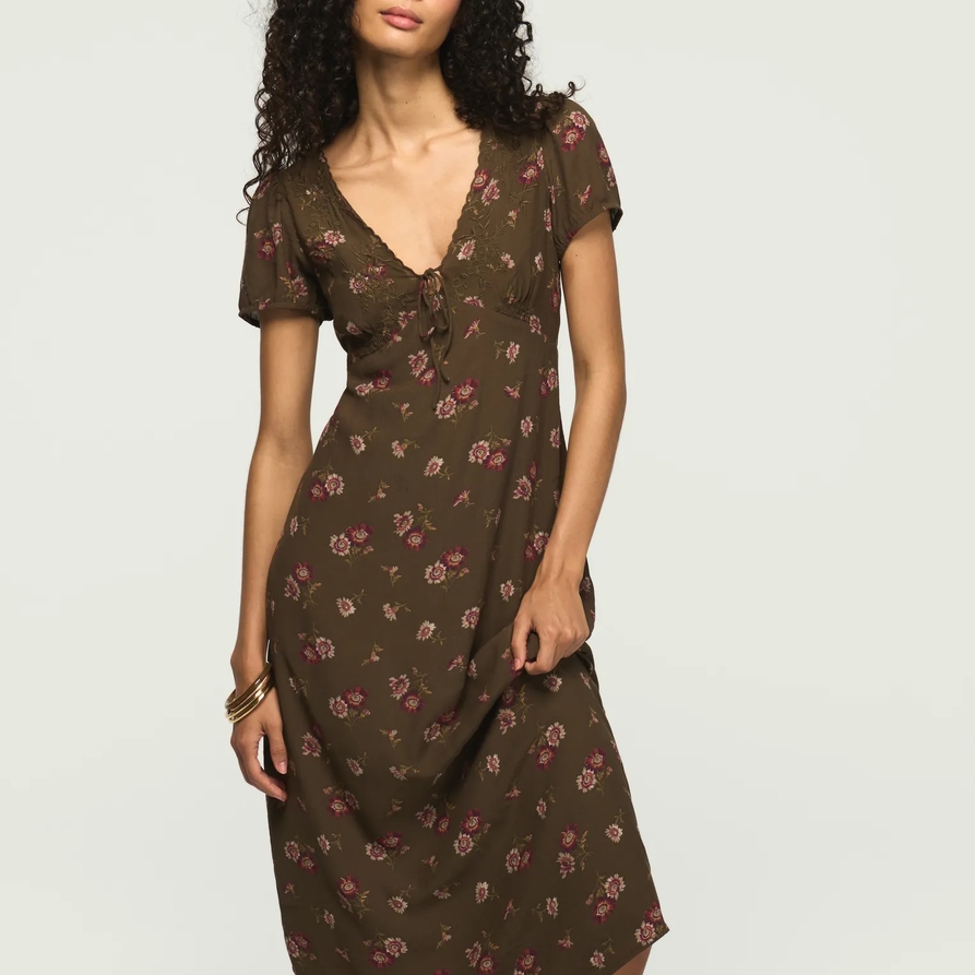 Lucky Brand Embroidered Short Sleeve Simone Midi Dress - Women's Clothing Dresses Shirt Midi Dress in Olive Floral, Size L