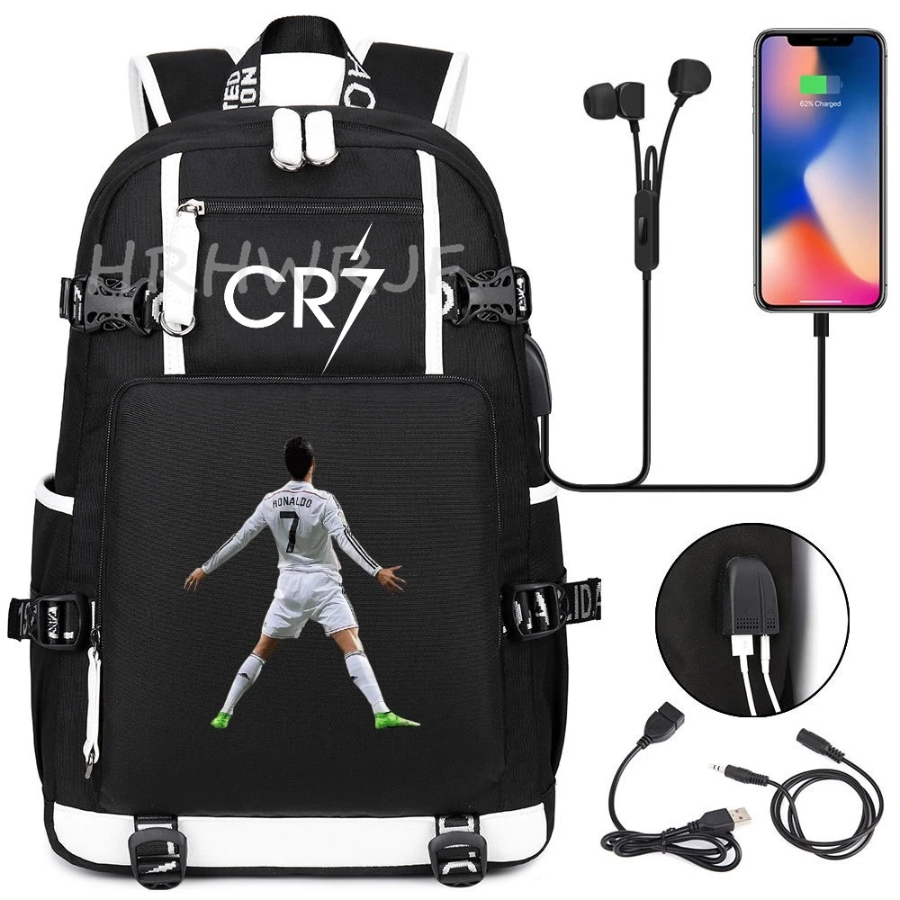Sac à dos camouflage CR7 pour ordinateur portable, sac à dos de randonnée, sacs d'école de 18 pouces, sacs d'école imperméables USB de grande capacité, sac à dos Mochilas