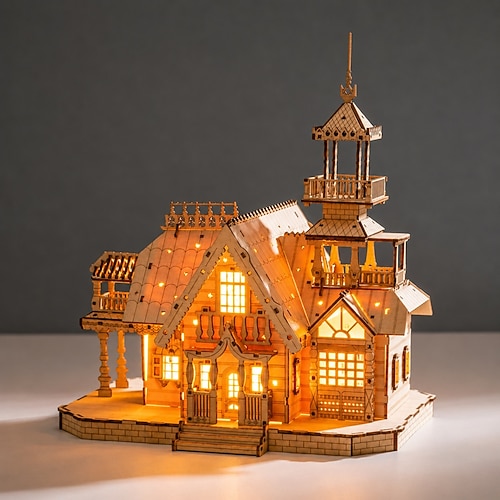 3D-Holzpuzzle für Erwachsene, DIY-Miniaturvillen-Hausbausatz mit USB-betriebenem Nachtlicht, 267-teiliger lasergeschnittener Holzmodellbausatz, kreatives Bastelgeschenk, Wohndekoration, beleuchtete Minivilla aus Lindenholz