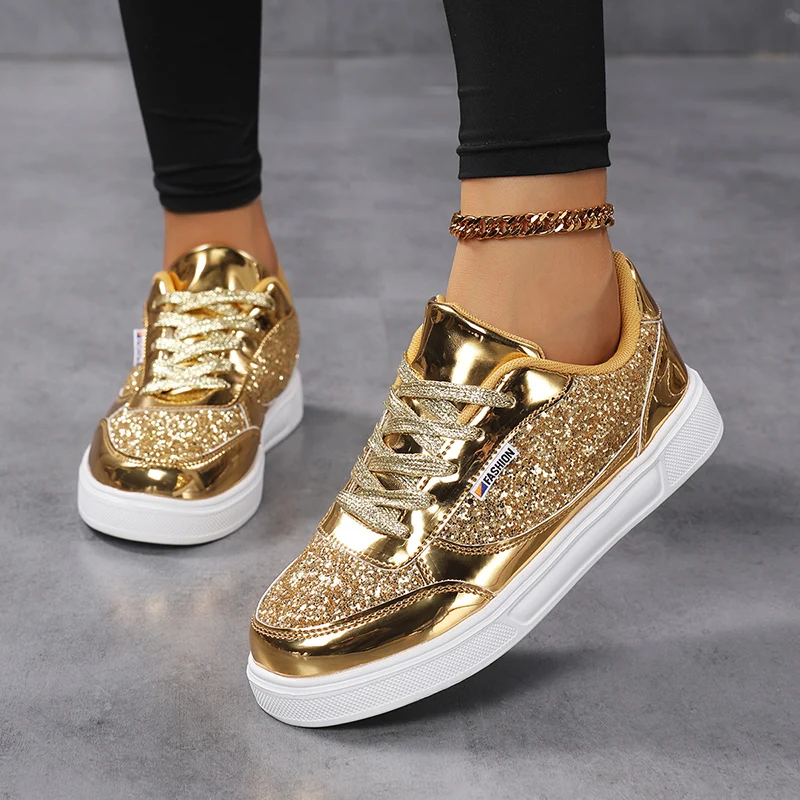 Fashionable Women's Casual Sneakers, Shiny Travel Shoes, Student Sneakers, Lace-Up Sports Shoes, Flat Running Shoes, Stylish Running Shoes, Lightweight Casual Shoes, All-Season Women's Shoes, Low-Top