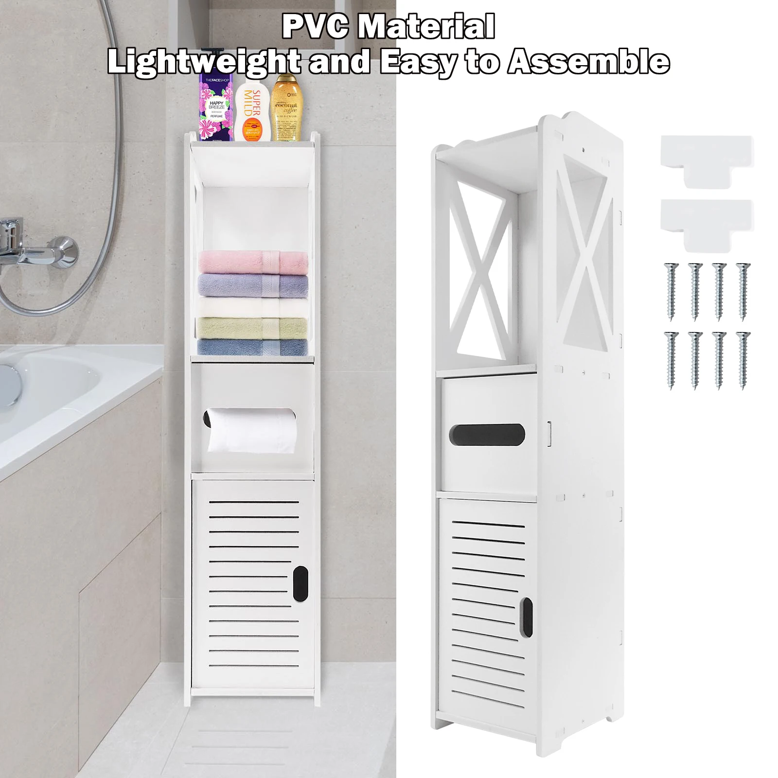 Wasserdichter PVC-Hochschrank 18x20x80cm, Freistehende Weiße Schmale Regaleinheit – Badezimmer-Organizer für Handtücher, Toilettenartikel, Küche, Flur