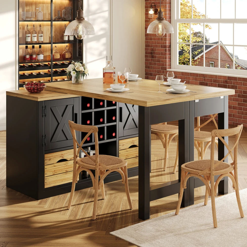 360 ° Drehbarer, ausziehbarer Kücheninsel-Esstisch, integriertes Sideboard mit großem Stauraum, erweiterbares multifunktionales Küchenmöbel, platzsparende Wand-Aufbewahrungskombination, geeignet für