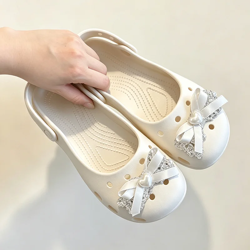 Designer Silber Glitzer Schleifenknoten Ballett-Clogs Zubehör Damen Sommer 2026 Niedliche Herz-Schuh-Charms Set Damen DIY Schuh-Dekorationen