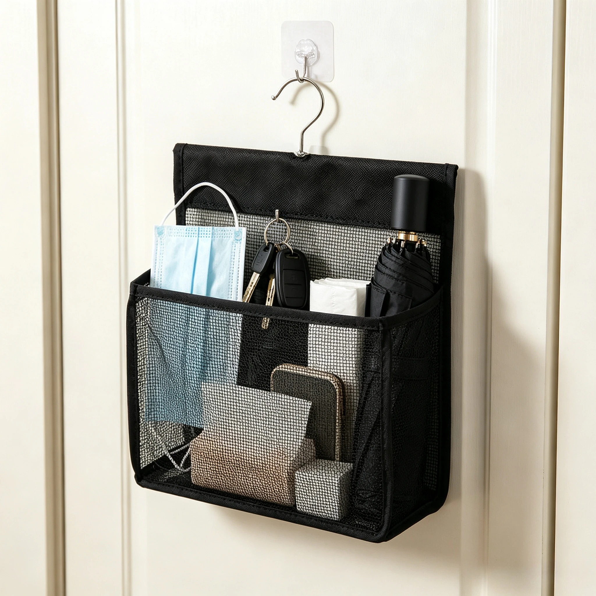 Schwarze Netz-Aufbewahrungstasche mit Kleiderklammern, Geeignet für Badezimmer, Kleiderschrank und zur Klassifizierung kleiner Gegenstände, Hängetasche, Wäscheklammern