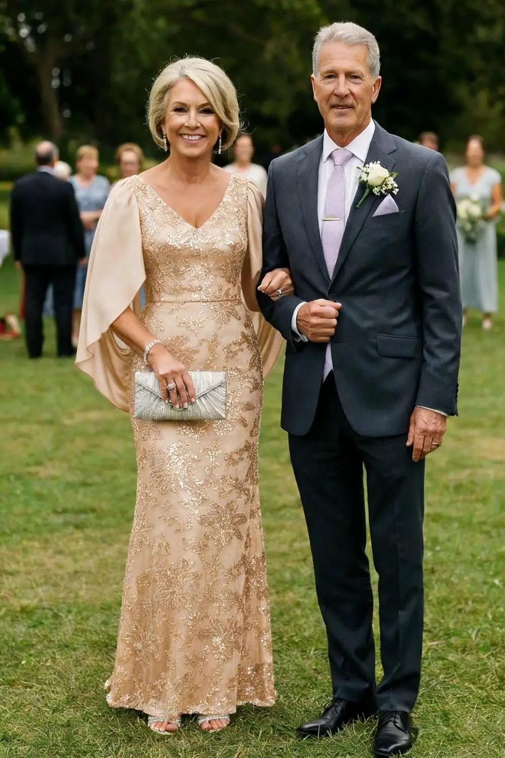 Noble Wedding Party Gown Dress Sequin Mother of The Bride Dresses V Neck Mermaid Long Formal Evening Gowns with Cape Sleeves