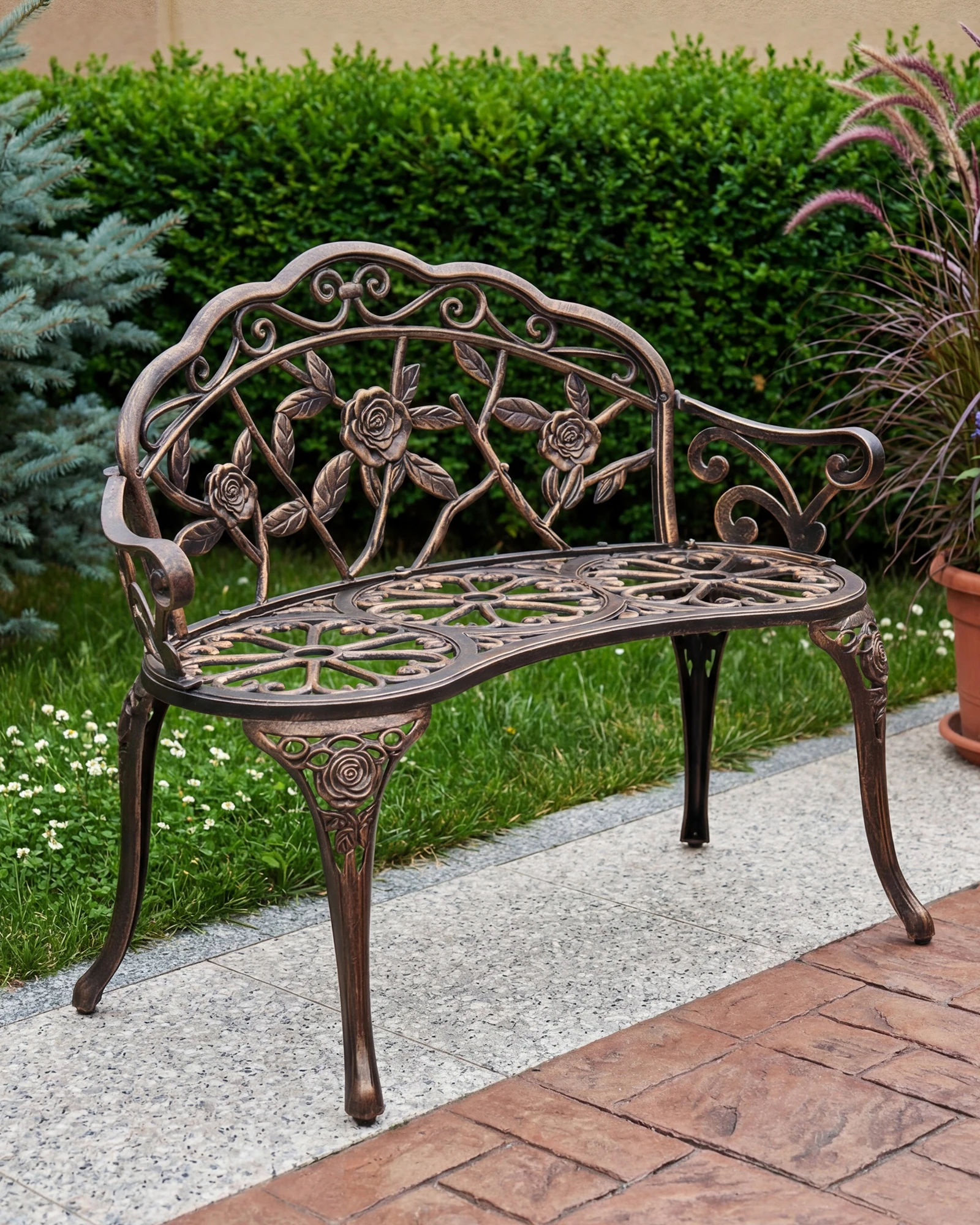 Roomark Gartenbank aus Metall, Wetterfest, 2-Sitzer Sitzbank aus Aluminiumguss, Tragkraft bis 240kg, Vintage Parkbank Antik mit Blumenmuster