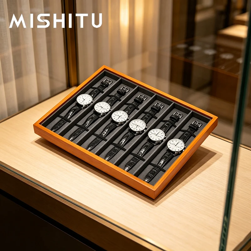 MISHITU Holz-Uhrenaufbewahrungstablett mit 6/8 Fächern, Uhren-Präsentationsorganizer, Schubladenschrank, Uhrenarmbandhalter, Schmucktablett für Herrenuhren