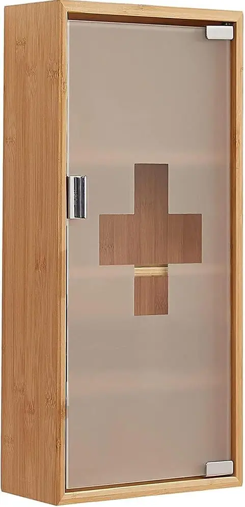 Medikamentenschrank Bambus zur Wandmontage, Hausapotheke mit Glastür und Magnetverschluss, Arzneischrank mit 4 Fächern und Verstellbaren Einlegeböden, 27 × 12 × 57 cm