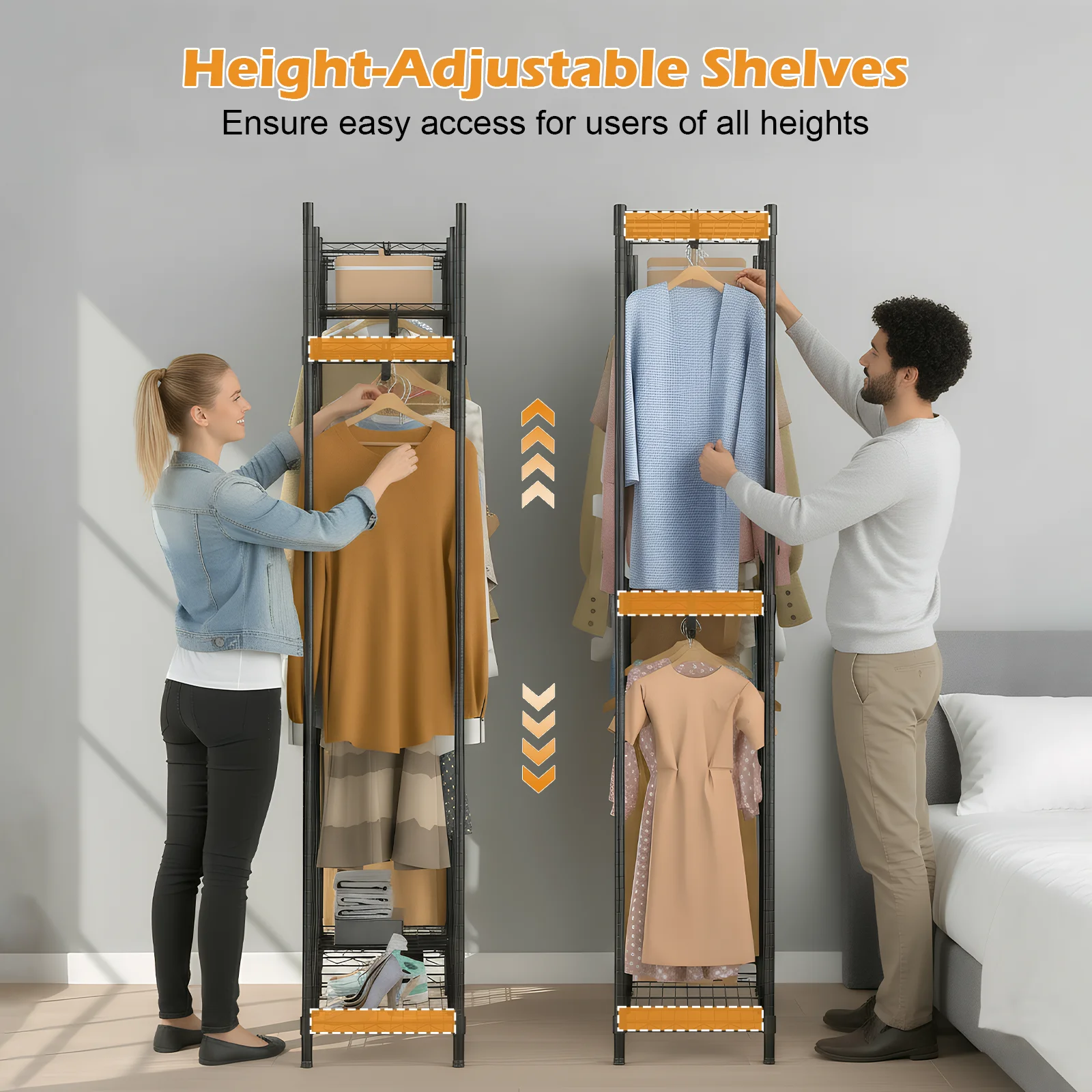 Kleiderständer, 380 kg Schwerlast-Kleiderstange für Schlafzimmer, Kleiderstange, Kleiderständer, Mantelständer, offener, freistehender Kleiderschrank mit Kleiderstangen, verstellbaren Regalen