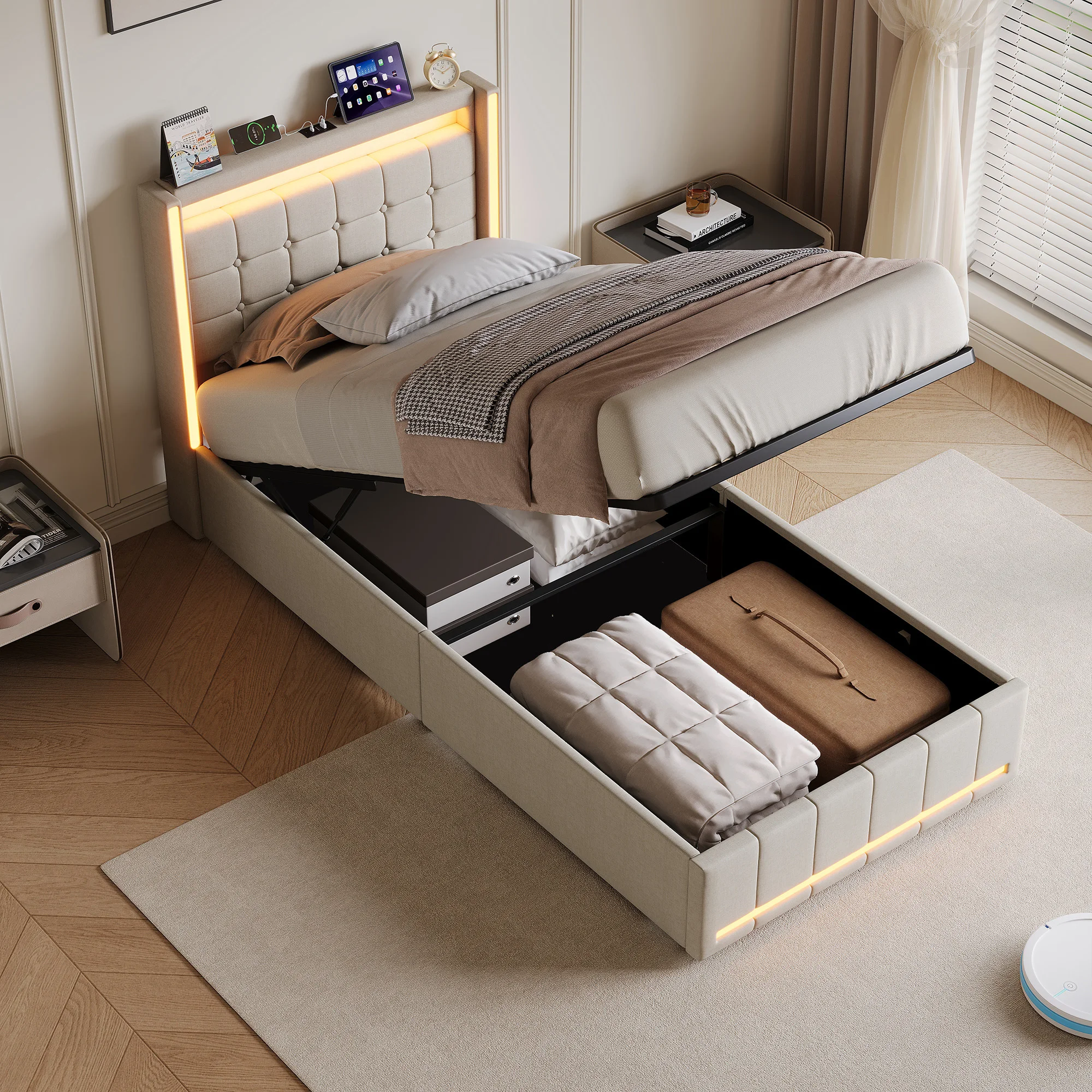 Superaly 90×200 cm Hydraulisches Bett mit Stauraum, Stauraumbett mit zwei Schubladen, Polsterbett, Einzelbett mit Lattenrost und Stauraum, Einzelbett mit Stauraumfach, Kopfteil, Jugendbett,