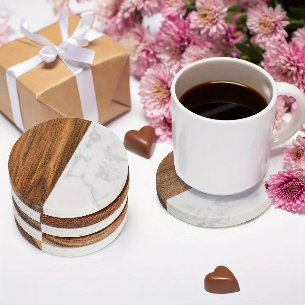 Marble and Solid Wood Coasters, Round Non-Slip Heat-Insulating Coasters, Nordic Style Coffee and Milk Tea Coasters, Household Wooden Marble Heat-Insulating Pads