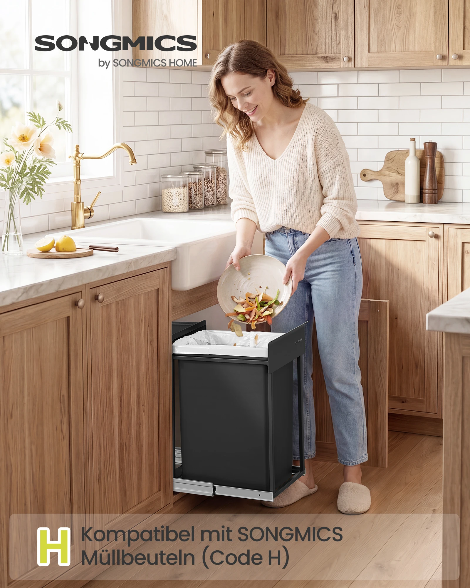 SONGMICS Mülleimer Küche, für Unterschrank, 1 x 20 L, Abfalleimer, ausziehbar, Stahlrahmen