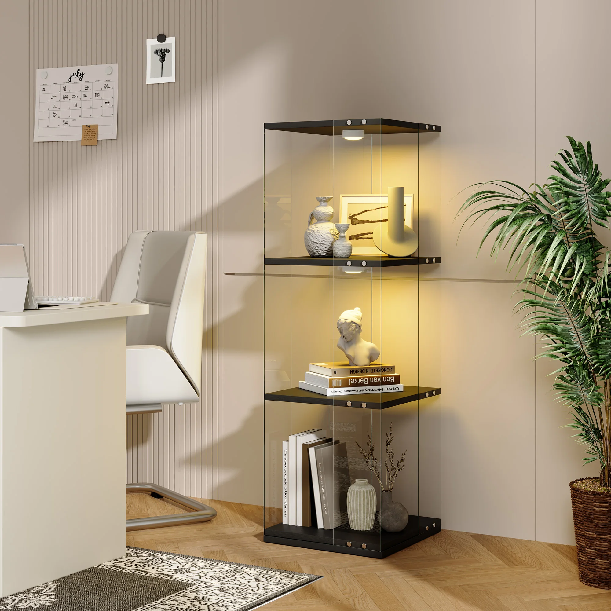 Anajqaqia Drehbarer Vitrinenschrank mit Glastüren, 360° ° Drehbare Glasvitrine mit RGB-Beleuchtung, 3-stufiges Aufbewahrungsregal für Figuren, Bücher und Dekorationen