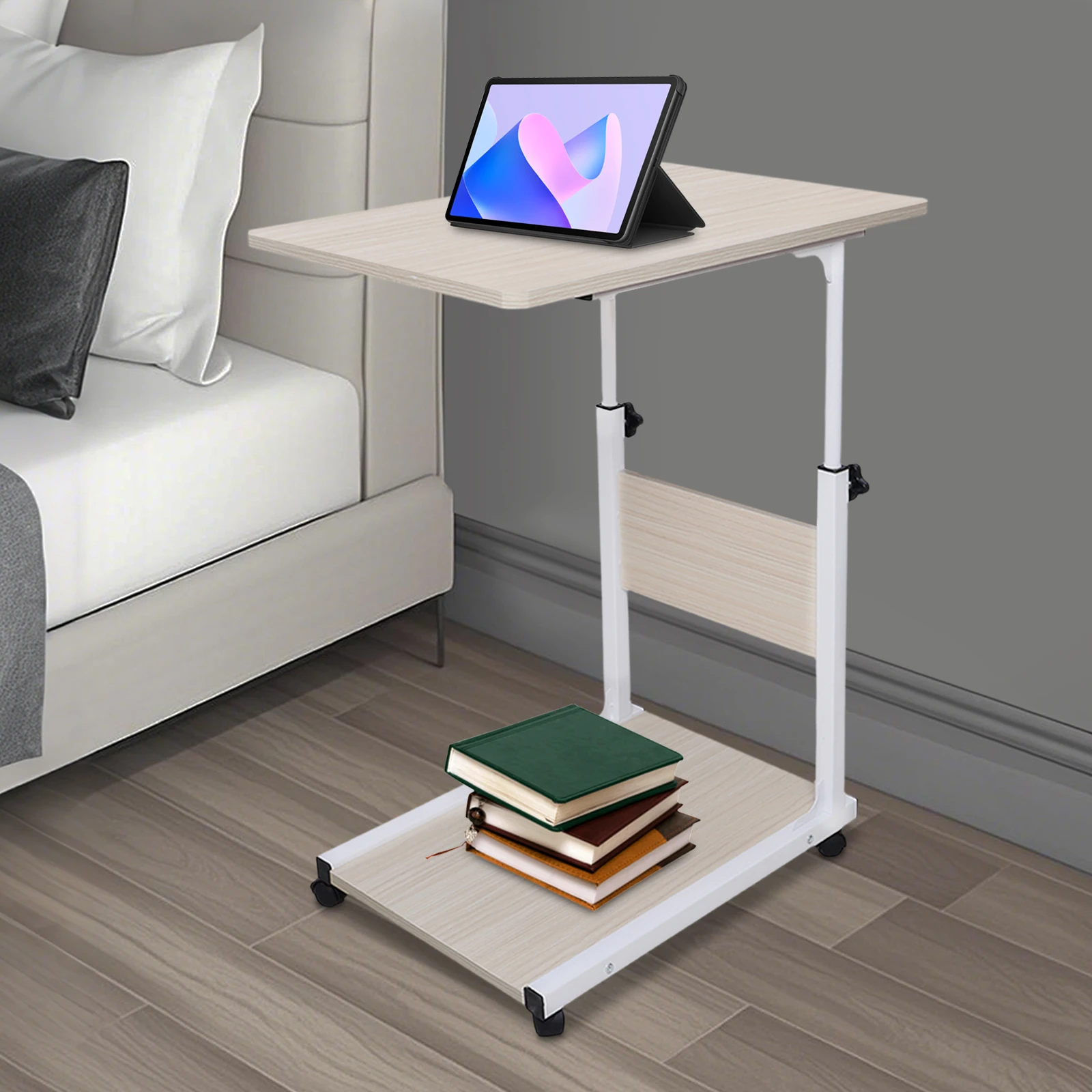 Beistelltisch Couchtisch mit Rollen, 55 - 80 cm Höhenverstellbar, Laptoptisch aus Metall und Holz, 50 x 35 cm (Weiß)