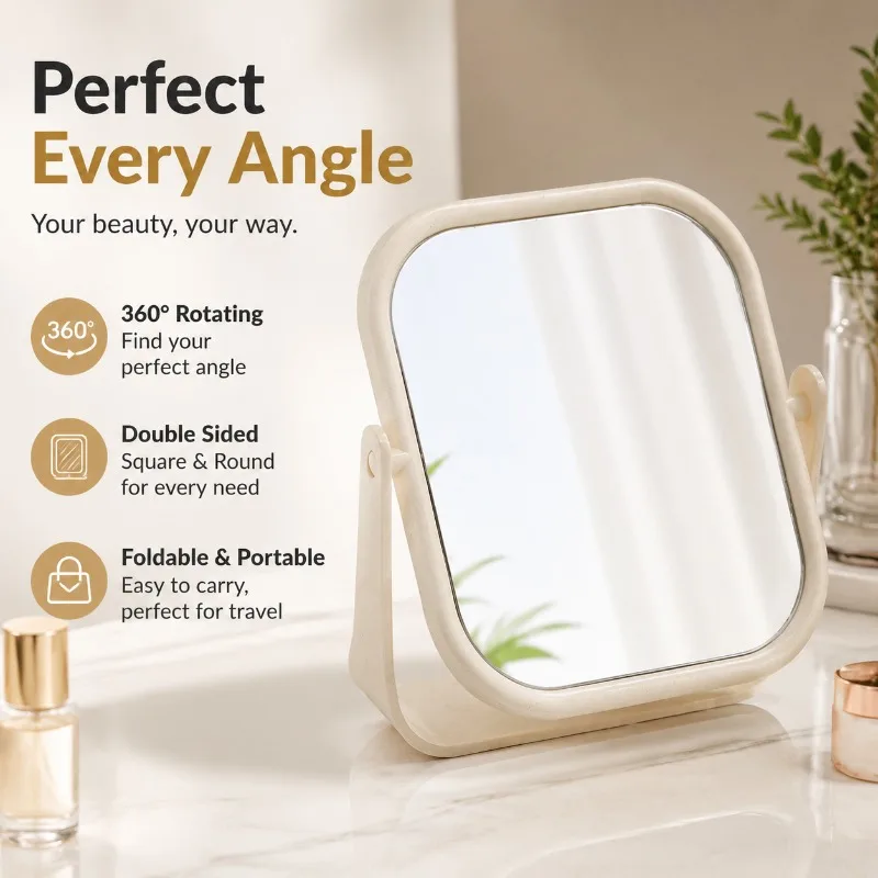 Doppelseitiger Klappbarer Schminkspiegel mit Ständer, 360 Grad Drehbarer Quadratischer und Runder Tischspiegel, Tragbar für Reisen, Beige