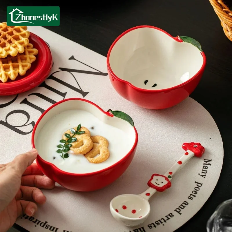 5-inch Cartoon Apple Shaped Fruit Salad Ceramic Bowl Household Rice Bowl Restaurant Home Tableware Soup Bowls