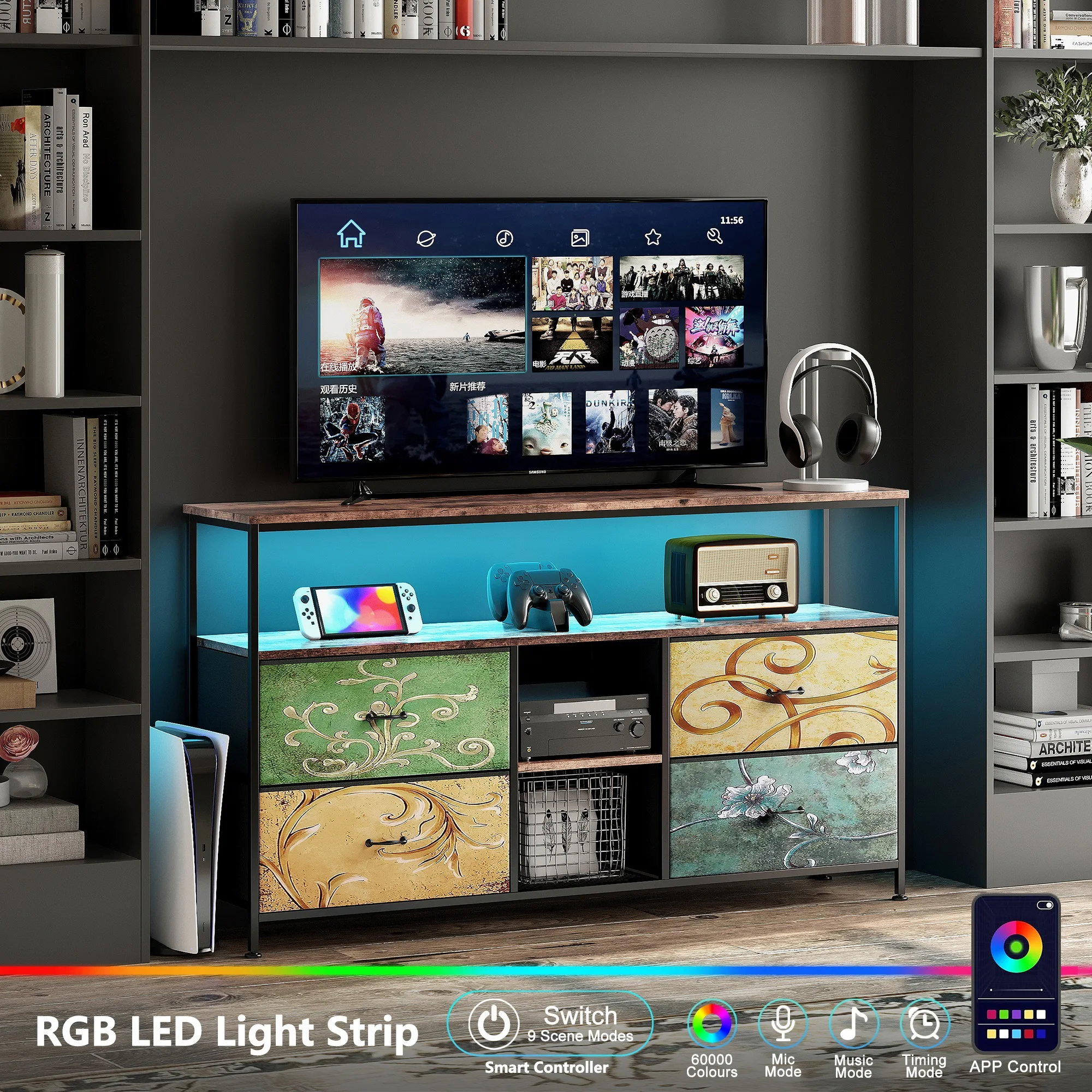 Comanlai, Meuble TV 137×29.8×78 cm avec bandes LED, Meuble de rangement pour salon avec 4 compartiments, Meuble de rangement d'entrée à étagères ouvertes multi-niveaux, Meuble bas de salon, Vitrine,