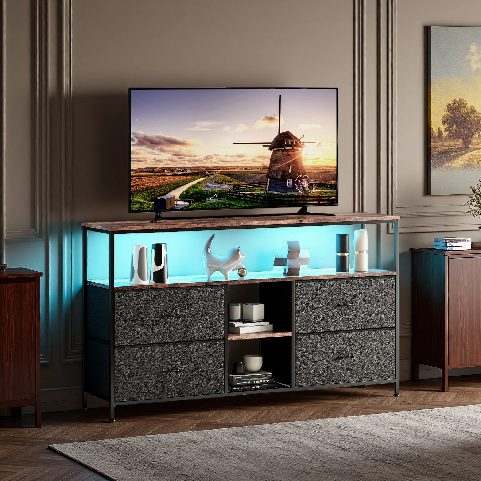 Anajqaqia, meuble TV 137×29.8×78 cm, meuble de rangement multimédia avec 4 tiroirs, buffet, meuble audiovisuel, meuble d'entrée, buffet bas pour usage domestique, meuble de rangement, noir