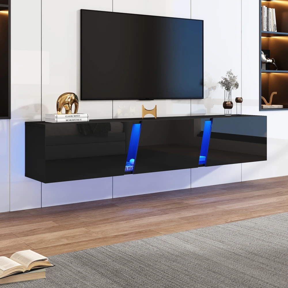 Meuble TV mural Ye 180 x 35 x 30 cm, meuble TV bas avec éclairage LED, meuble TV avec 3 portes, adapté aux téléviseurs de 75 pouces, meuble TV noir brillant