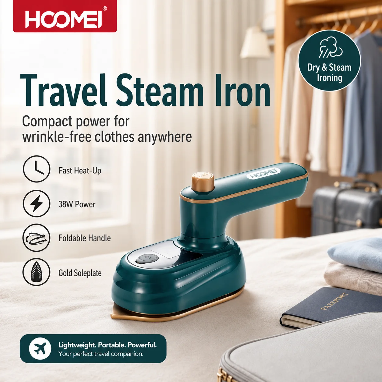 Fer à vapeur portable HOOMEI 38W, fer à repasser mini pliable de voyage avec semelle en céramique, défroisseur vapeur portatif pour vêtements, fer à repasser à chauffe rapide pour la maison et les