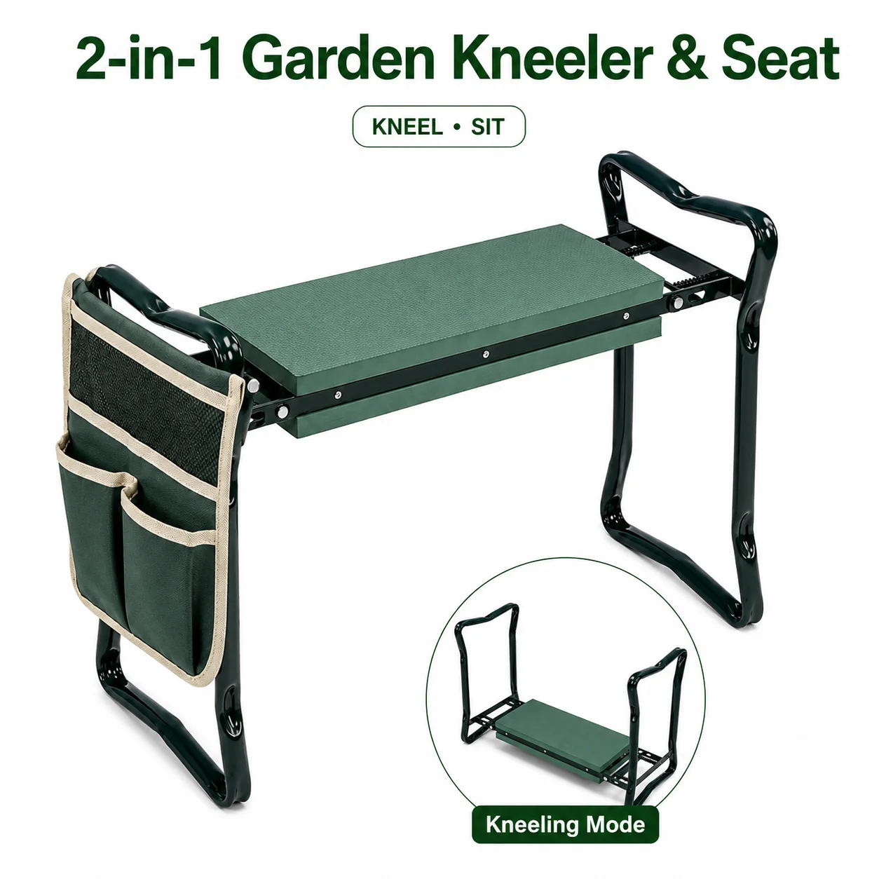 Tabouret de jardin pliable 2-en-1 avec coussin EVA, poignées et pochette à outils – Banc de jardinage portable pour travaux de jardinage