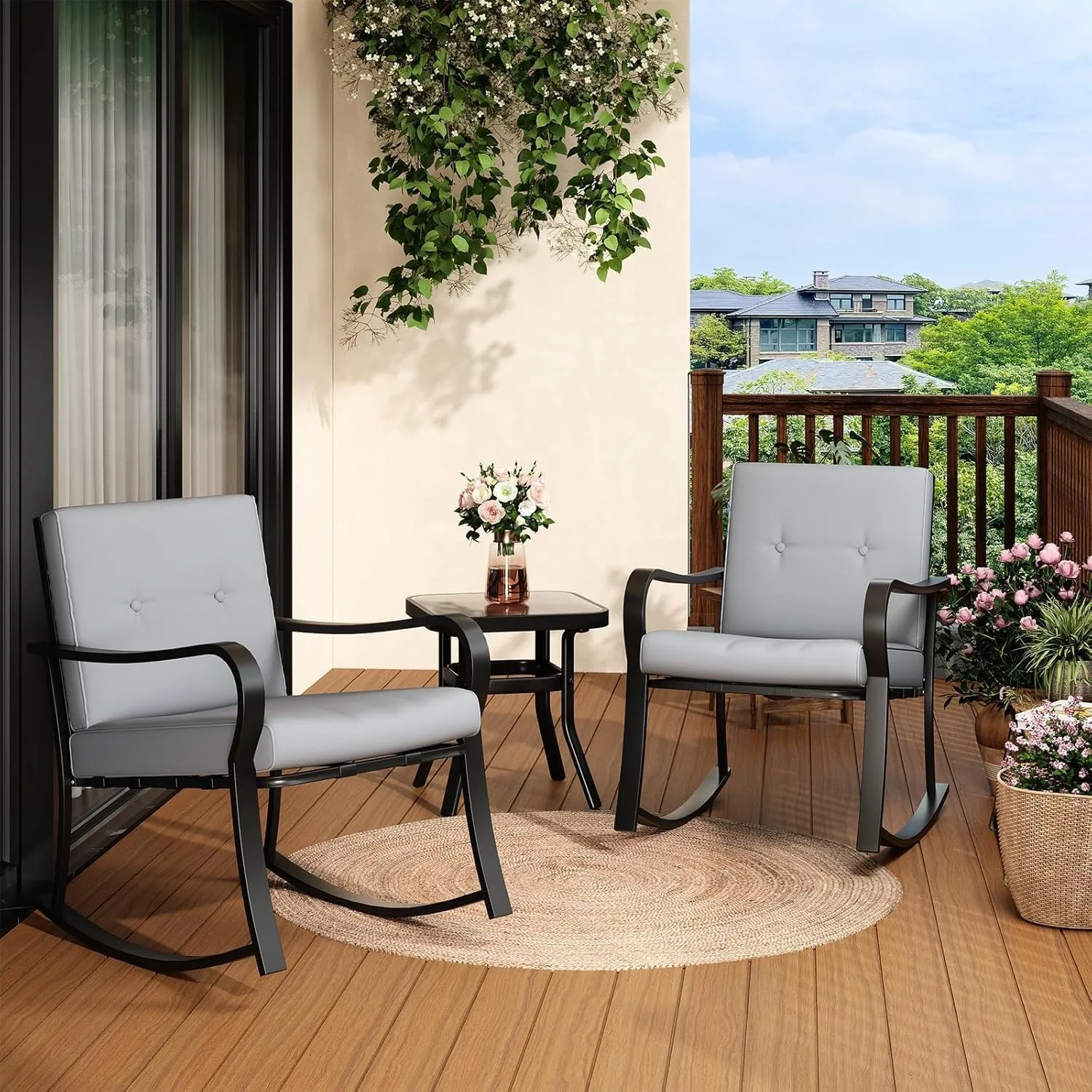 Ensemble de meubles de jardin, meubles de balcon, 2 fauteuils à bascule avec table, coussins rembourrés, meubles de terrasse, ensemble de jardin, groupe de sièges pour balcon, jardin, terrasse