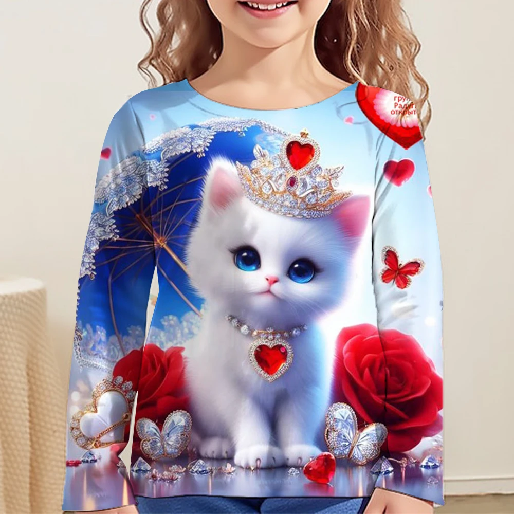 Girl Clothes Cats Shirt Long Sleeve T-Shirt Girl Graphic T Shirts Tops Children's Clothing Fashion Print Girls' Summer Clothes