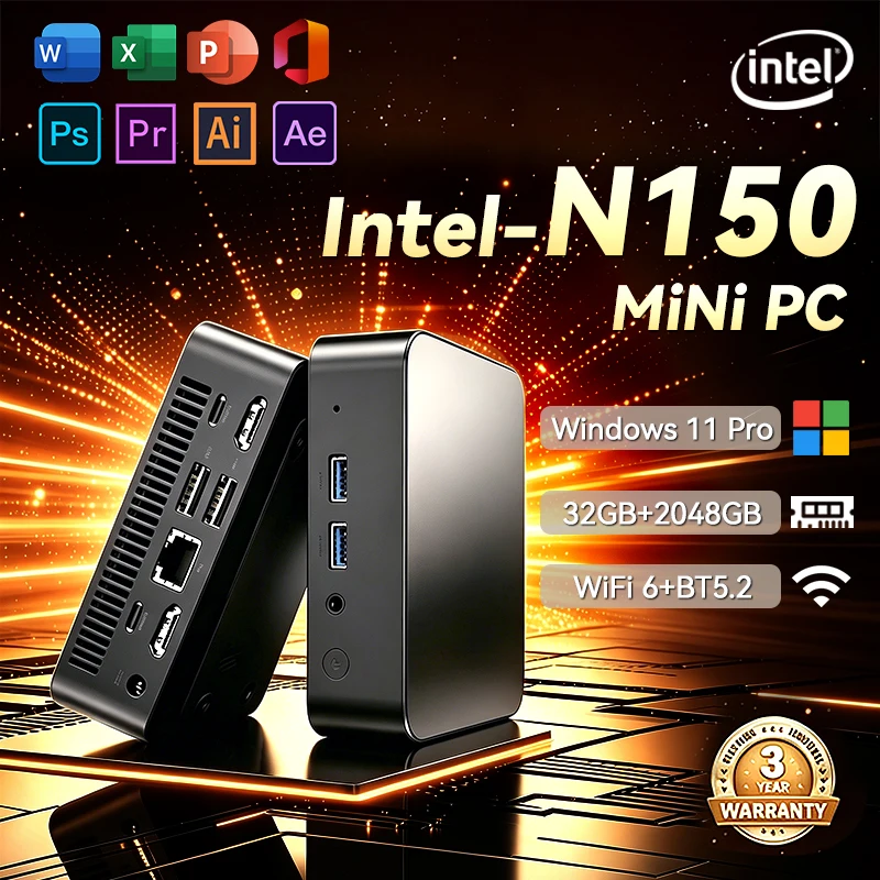MINI PC Intel N150 Windows 11 Pro Portable Gaming PC 16GB 32GB RAM 1TB 2TB SSD Mini PC Computer Office Gamer Wifi6 BT5.2 Desktop