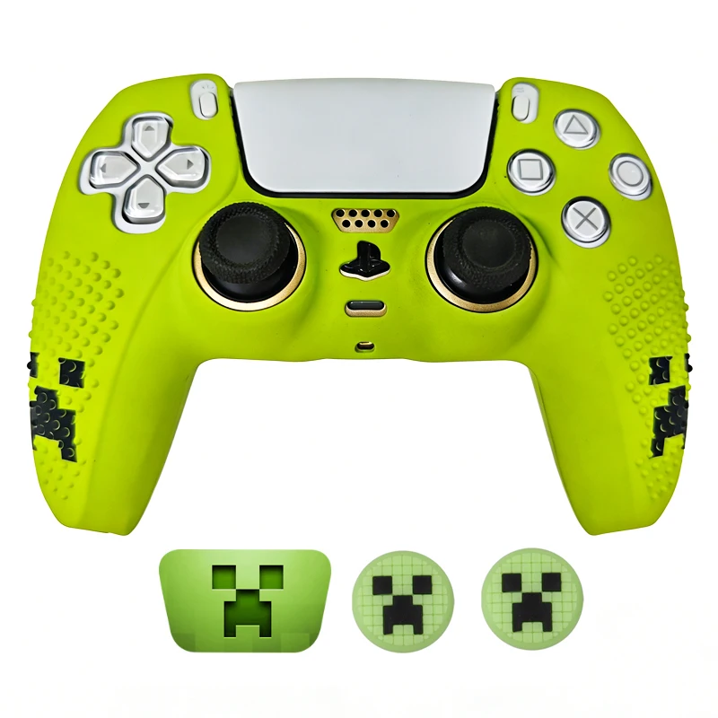 Green Protective Cover Skin for PlayStation 5 DualSense PS5 Controller Silicone Gamepad Case ThumbSticks Grips Touch sticker
