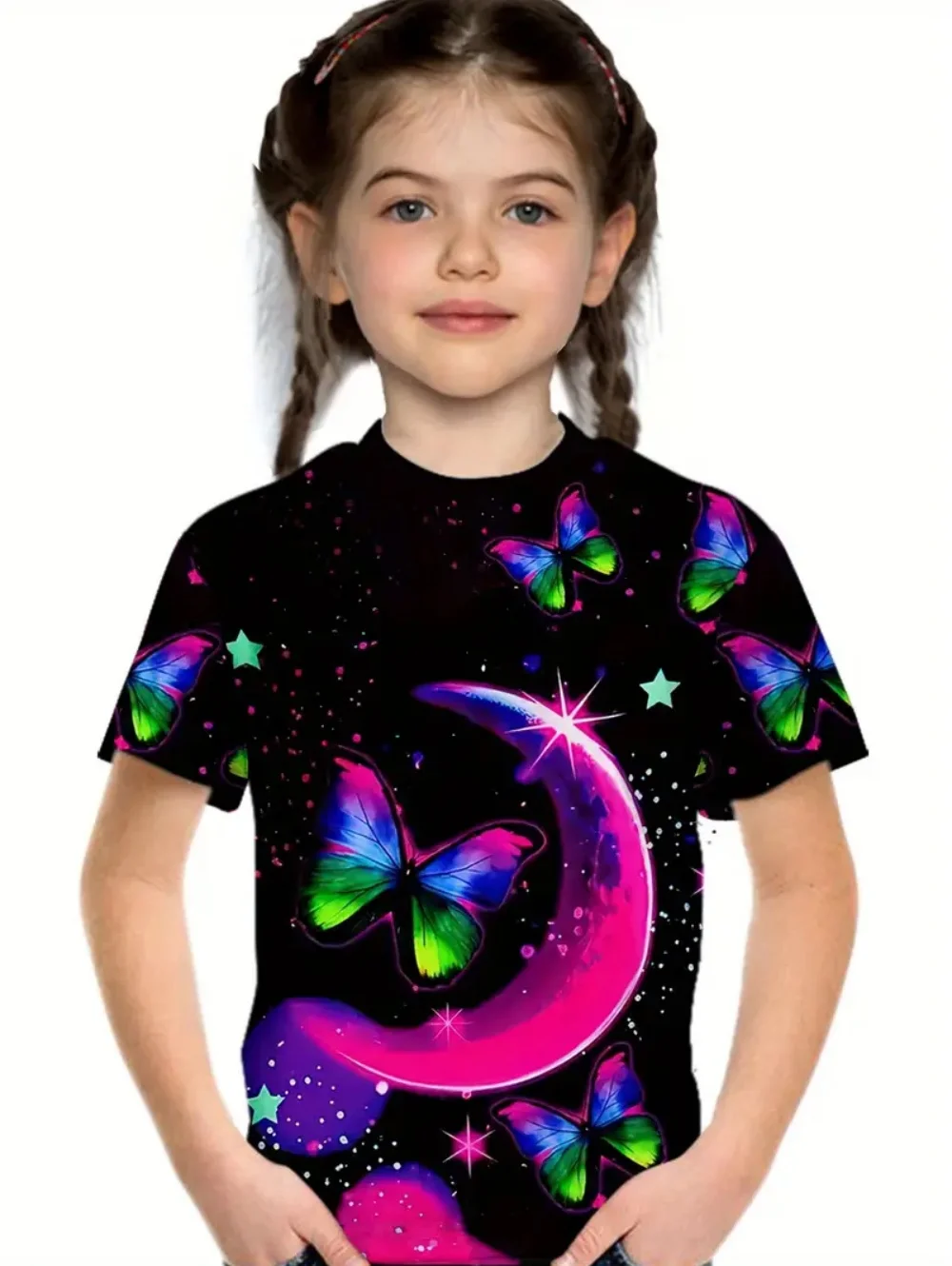 Children's Clothing Girl Clothes Short Sleeve Girl T-Shirt Prety Butterfly Print Kawaii Round Neck Girl Top Kids Summer Clothes