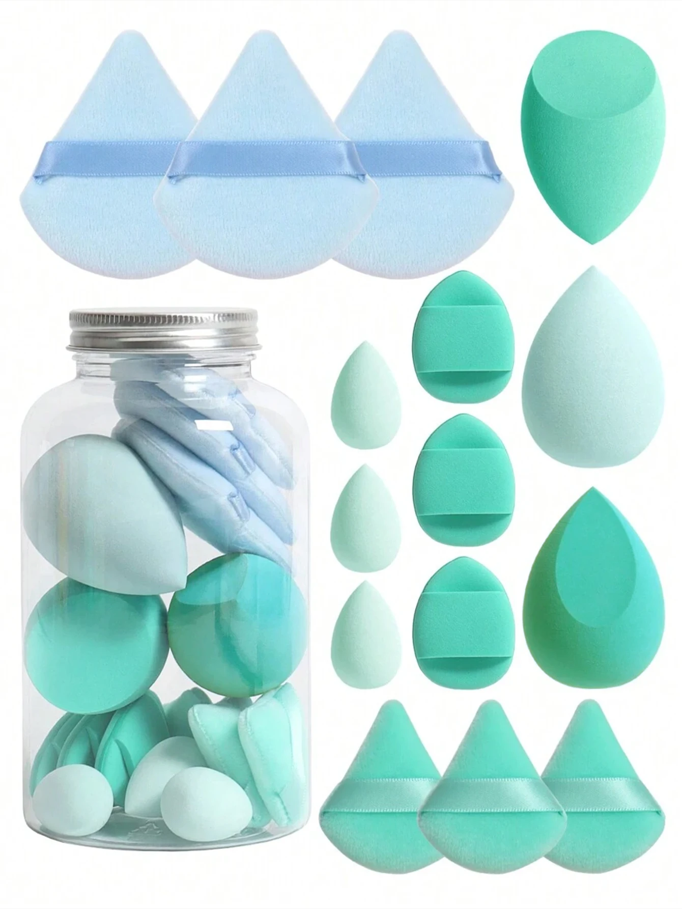 Set of 15 makeup sponges with storage container: 3 beauty blenders, 3 mini beauty blenders, 3 powder puffs, 3 mini powder puffs,