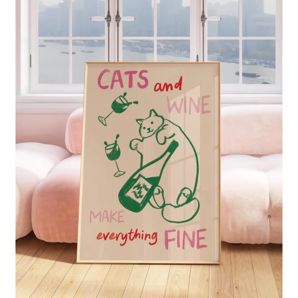 Cats and Wine Kitchen Print,Colourful Kitchen Print,Abstract Kitchen Poster,Kitchen Decor,Kitchen Print Inspo,Housewarming Gift
