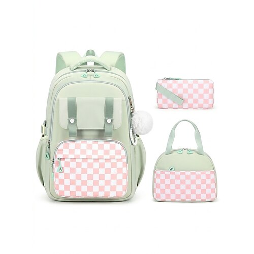 Zaino a quadri da bambina per la scuola, grande capacità, multi-tasche, in poliestere, grazioso zaino rosa da viaggio per la scuola con scomparto per laptop, resistente all'acqua per la scuola