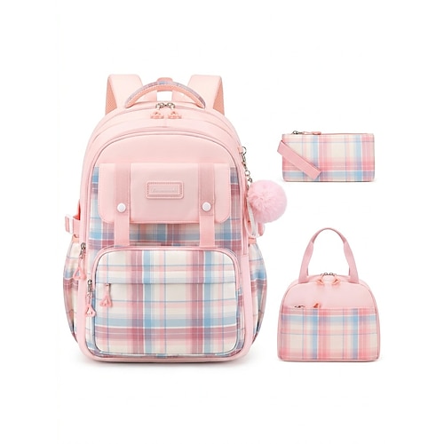 Zaino a quadri da bambina per la scuola, grande capacità, multi-tasche, in poliestere, grazioso zaino rosa da viaggio per la scuola con scomparto per laptop, resistente all'acqua per la scuola