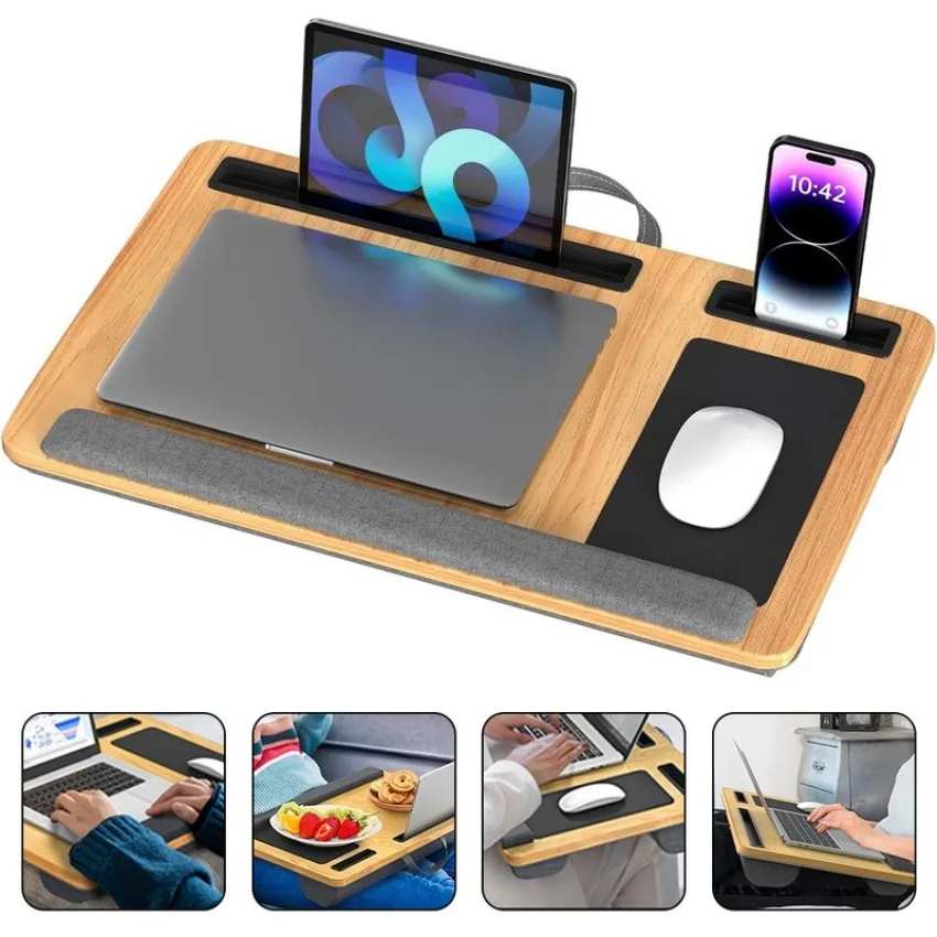 Laptop-Tisch für den Schoß, tragbarer großer Laptoptisch fürs Bett, 55×34cm Laptoptisch mit Handgelenkauflage, Mauspad, Tablet- und Handyhalterung, tragbarem Griff, Kissen