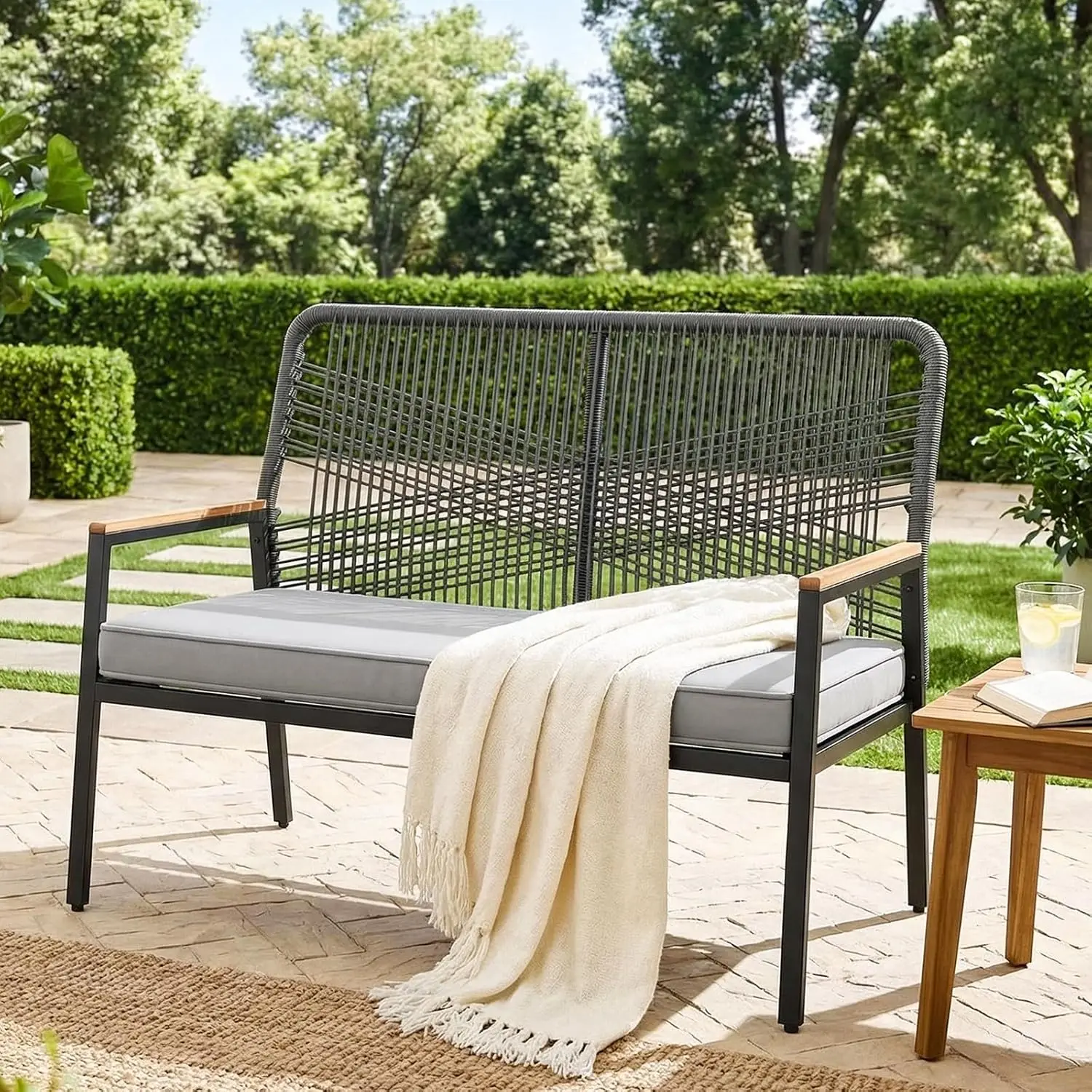 Banc de jardin en rotin, chaise de jardin en polyrotin 2 places, banc d'extérieur, mobilier de jardin en métal et rotin, coussins de siège épais de 8 cm