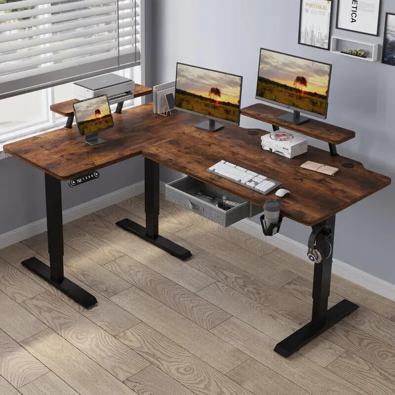 Radlove L-Schreibtisch Elektrisch Höhenverstellbar Eckschreibtisch L Förmiger Bürotische Stehpult mit Monitorständer und Schublade 160cm, Brown