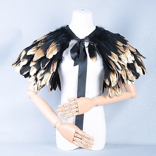 Accessoires de samba pour le carnaval de Rio 2026: ensemble 3 pièces noir et or à plumes pour femme, cape et manchettes en dentelle. Costume de scène pour festival brésilien.