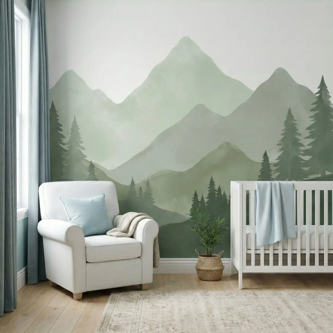 Moderne Nebelgrüne Bergwald-Wandtapete Aquarell-Waldlandschaft Wanddekoration für Kinderzimmer Schlafzimmer Wohnzimmer