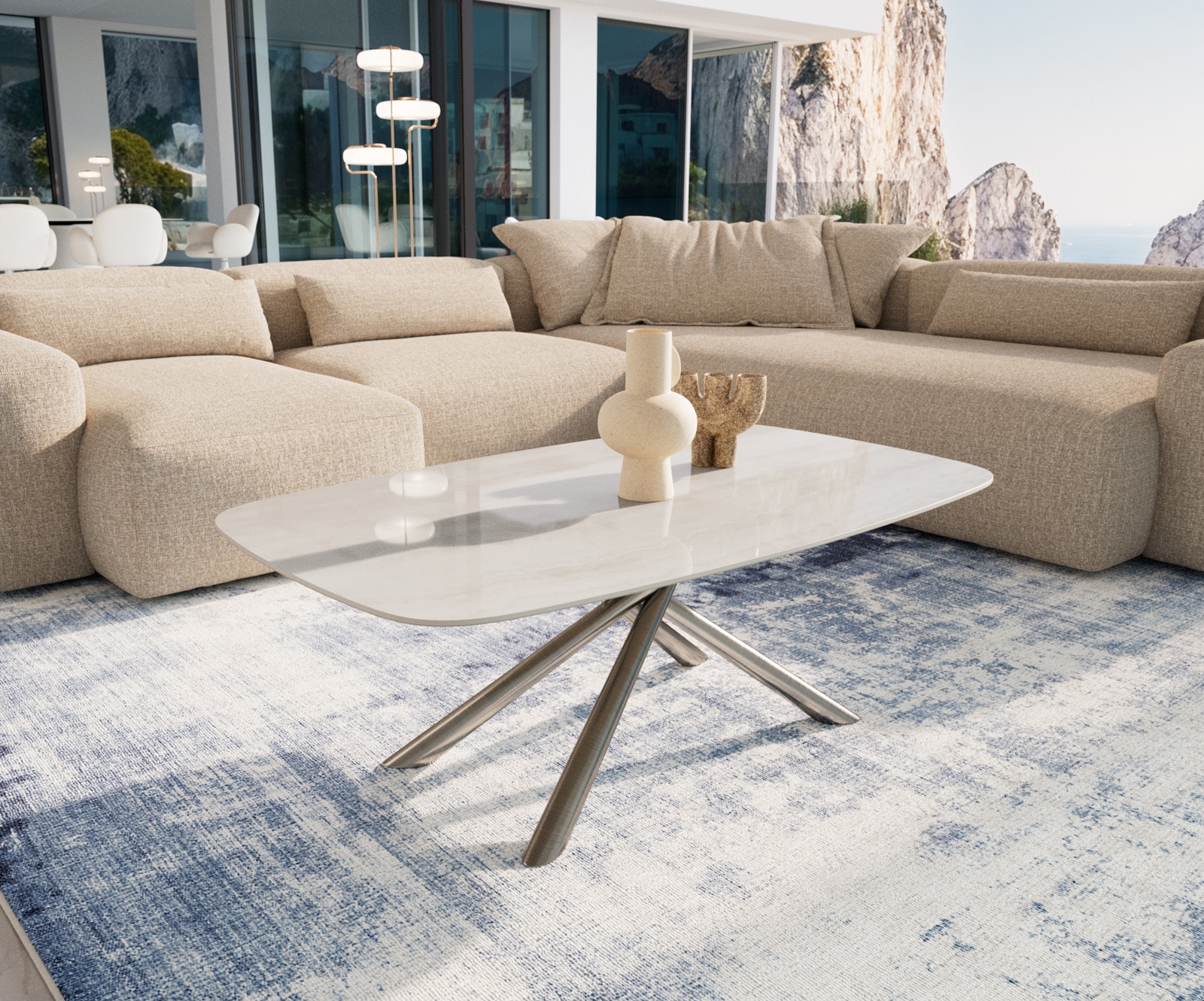 DELIFE Couchtisch Edge Boot 120x70 cm Keramik Onyx Champagne Sarity Edelstahl gebürstet, Couchtische