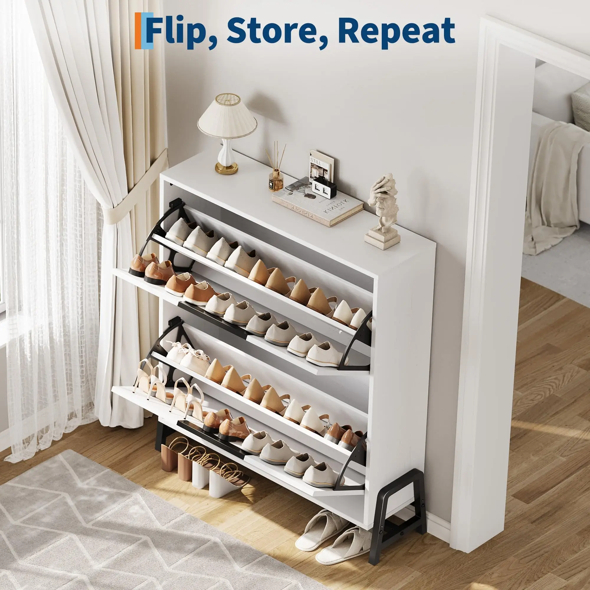 Schuhschrank mit 2 Klappen Schuhkipper Holz Weiß Schmaler Kipp-Schuhschrank für Flur Eingangsbereich Modernes Schuhregal mit Verstellbaren Trennwänden & Kippschutz Metallbeine