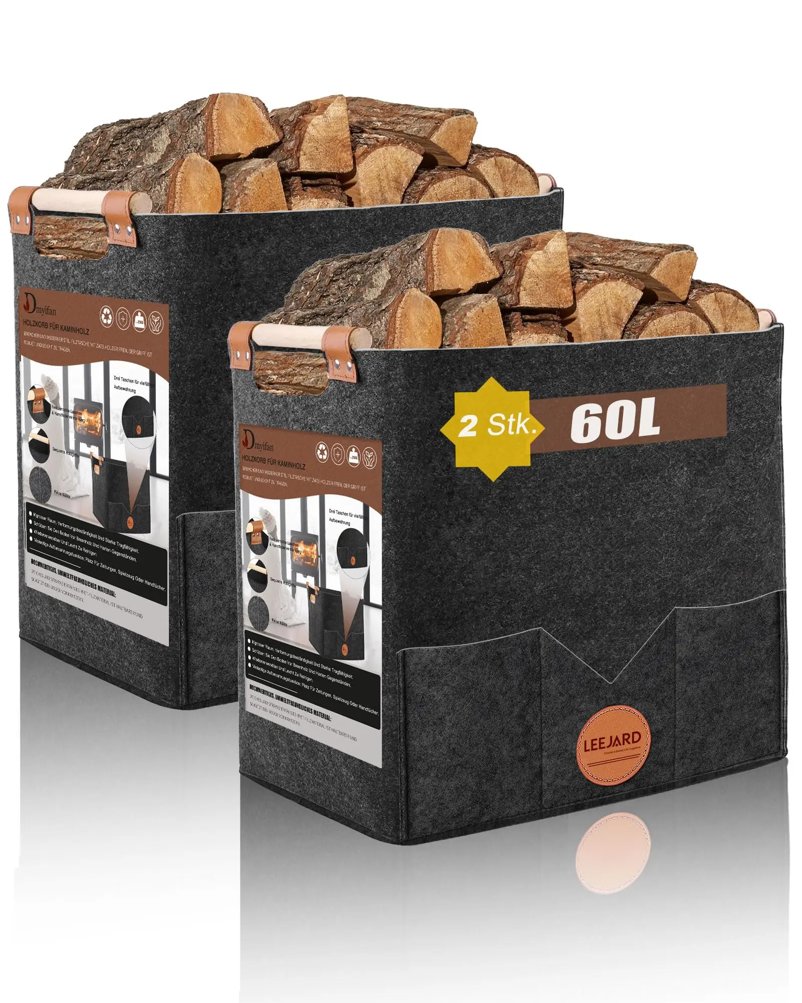 2 Holzkörbe für Kaminholz, großer Holzkorb aus Filz, auch als Aufbewahrungstasche oder Einkaufskorb verwendbar, Holzkörbe mit Seitentaschen und verstärkten Griffen
