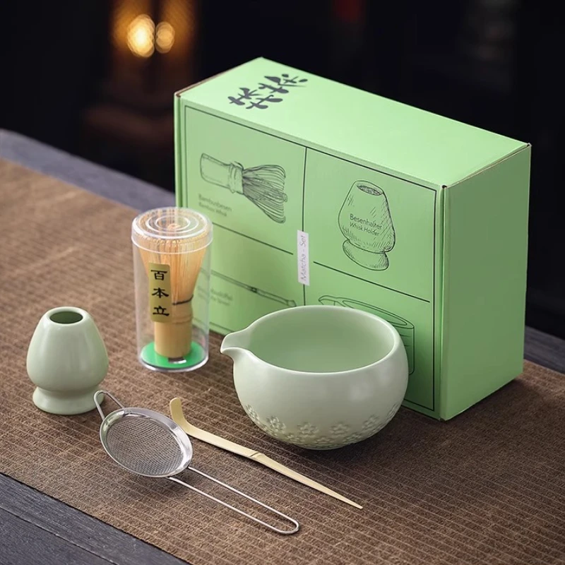 5pcs Matcha Set Ceramics Cherry Blossom Matcha Bowl Teaspoon Traditional Tea Set Household Tea Brewing Tools Companion Gift Set